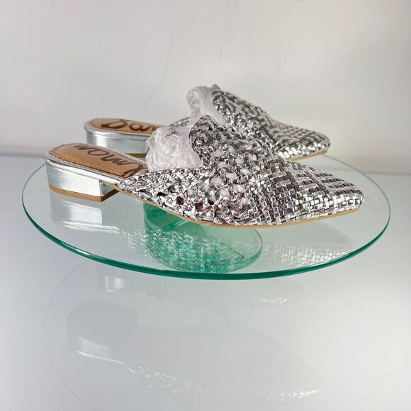 Sam Edelman Clara Flat Woven Mules Metallic Silver Slip On leather - Picture 1 of 8
